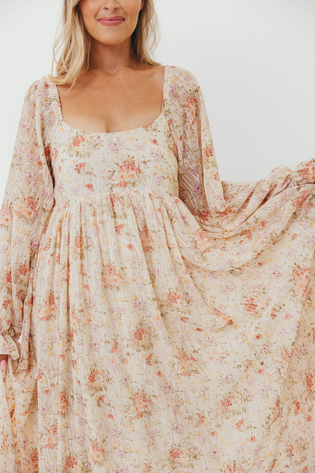 Rosey Woven Floral Print Empire Maxi Dress in Cream Multi - Bump Friendly