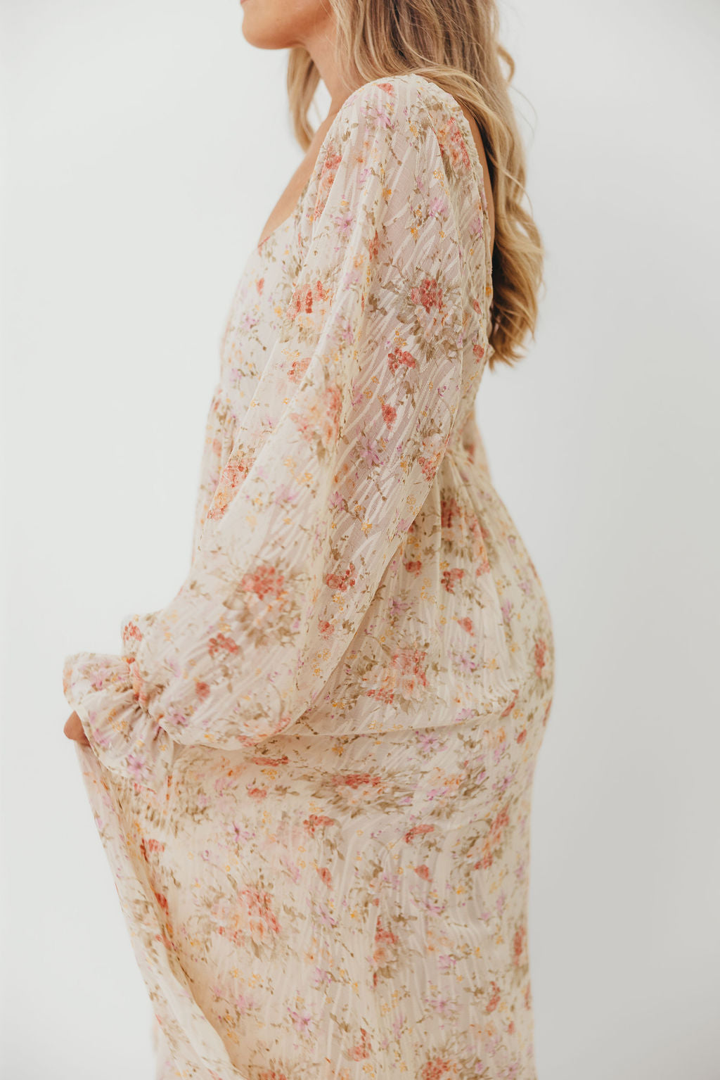Rosey Woven Floral Print Empire Maxi Dress in Cream Multi - Bump Friendly
