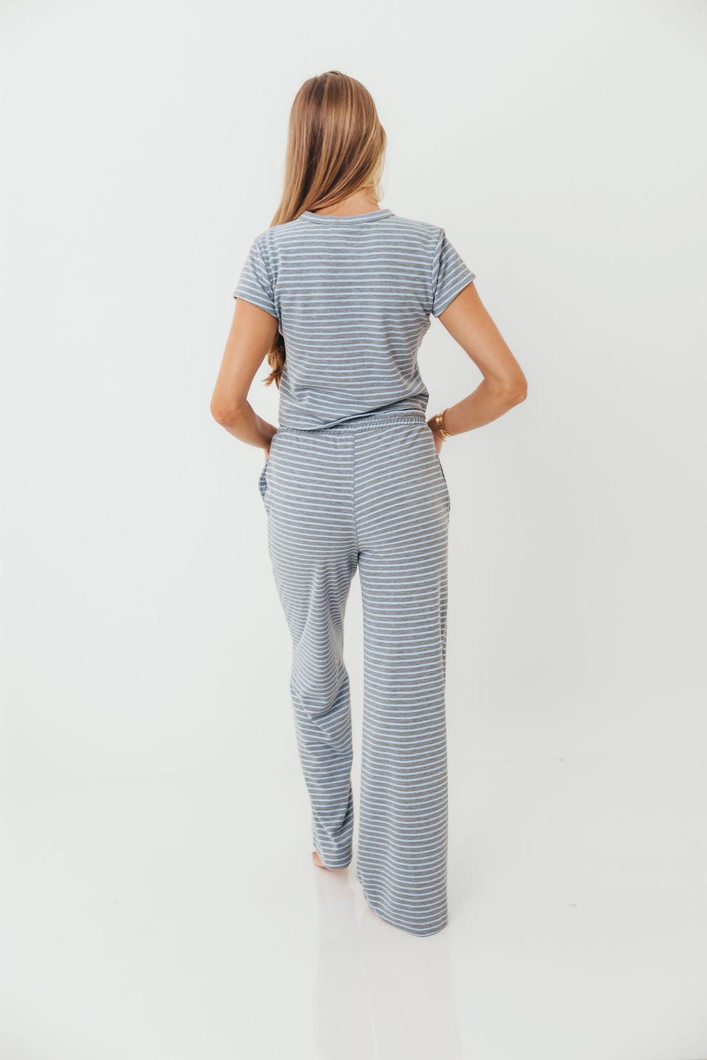 Find Your Soft Striped Top and Flare Pants Set in Grey Blue