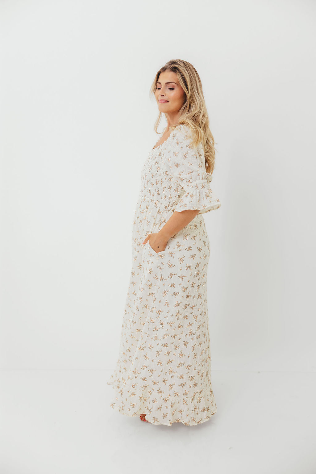 Sienna 100% Cotton Puff Sleeve Maxi Dress in Cream - Bump Friendly
