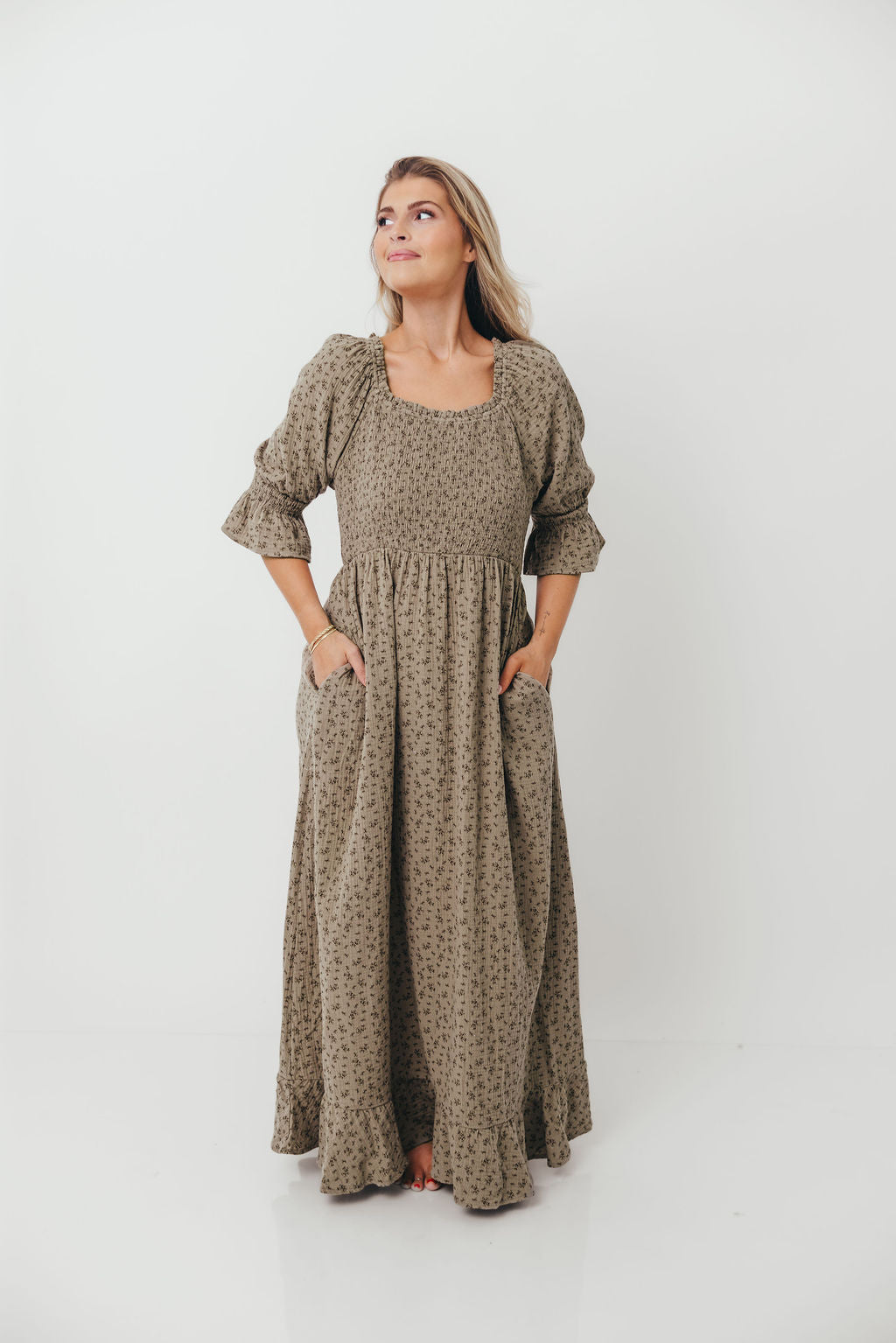Sienna 100% Cotton Puff Sleeve Maxi Dress in Olive Foliage - Bump Friendly *9/26 PRE-ORDER*