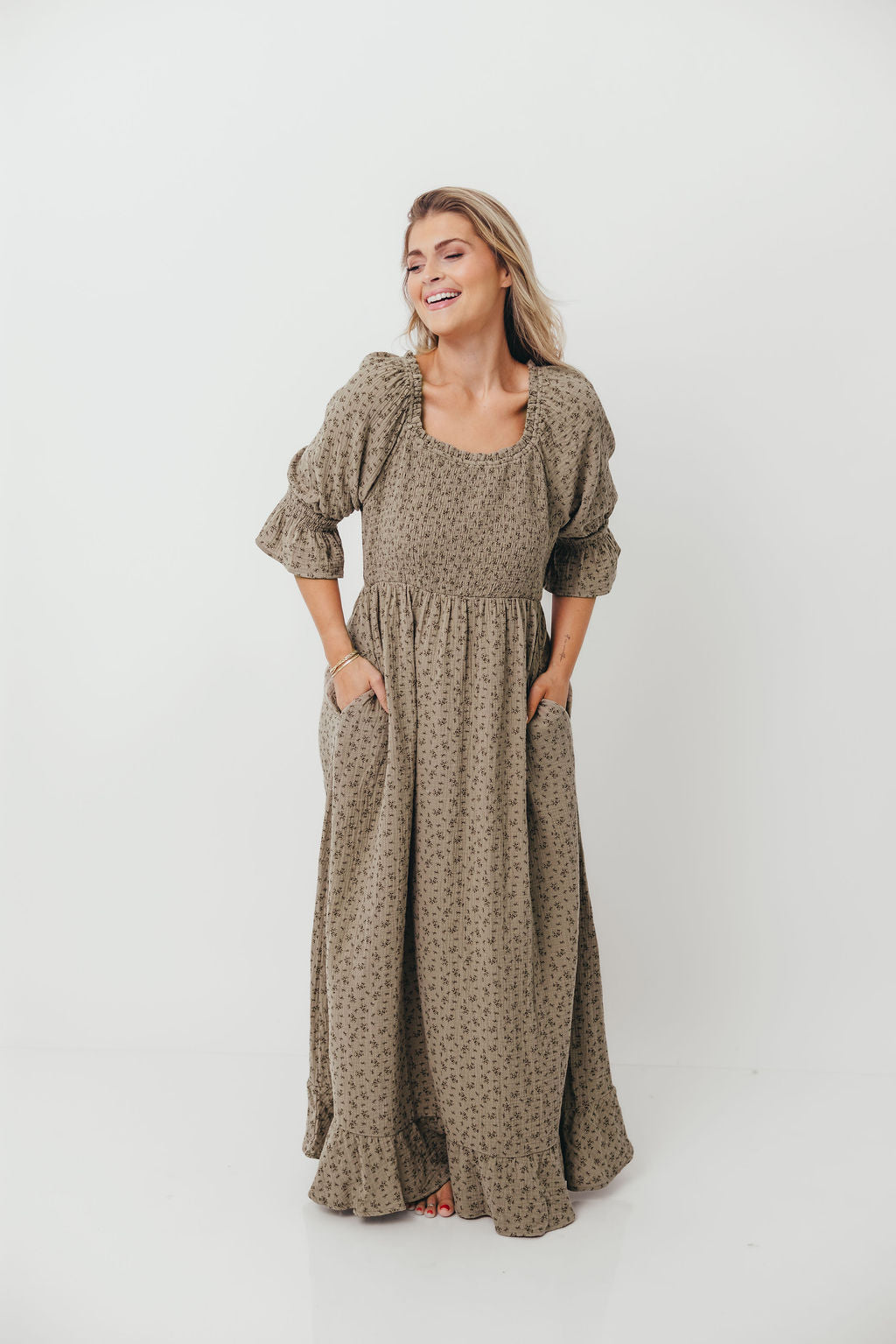 Sienna 100% Cotton Puff Sleeve Maxi Dress in Olive Foliage - Bump Friendly *9/26 PRE-ORDER*