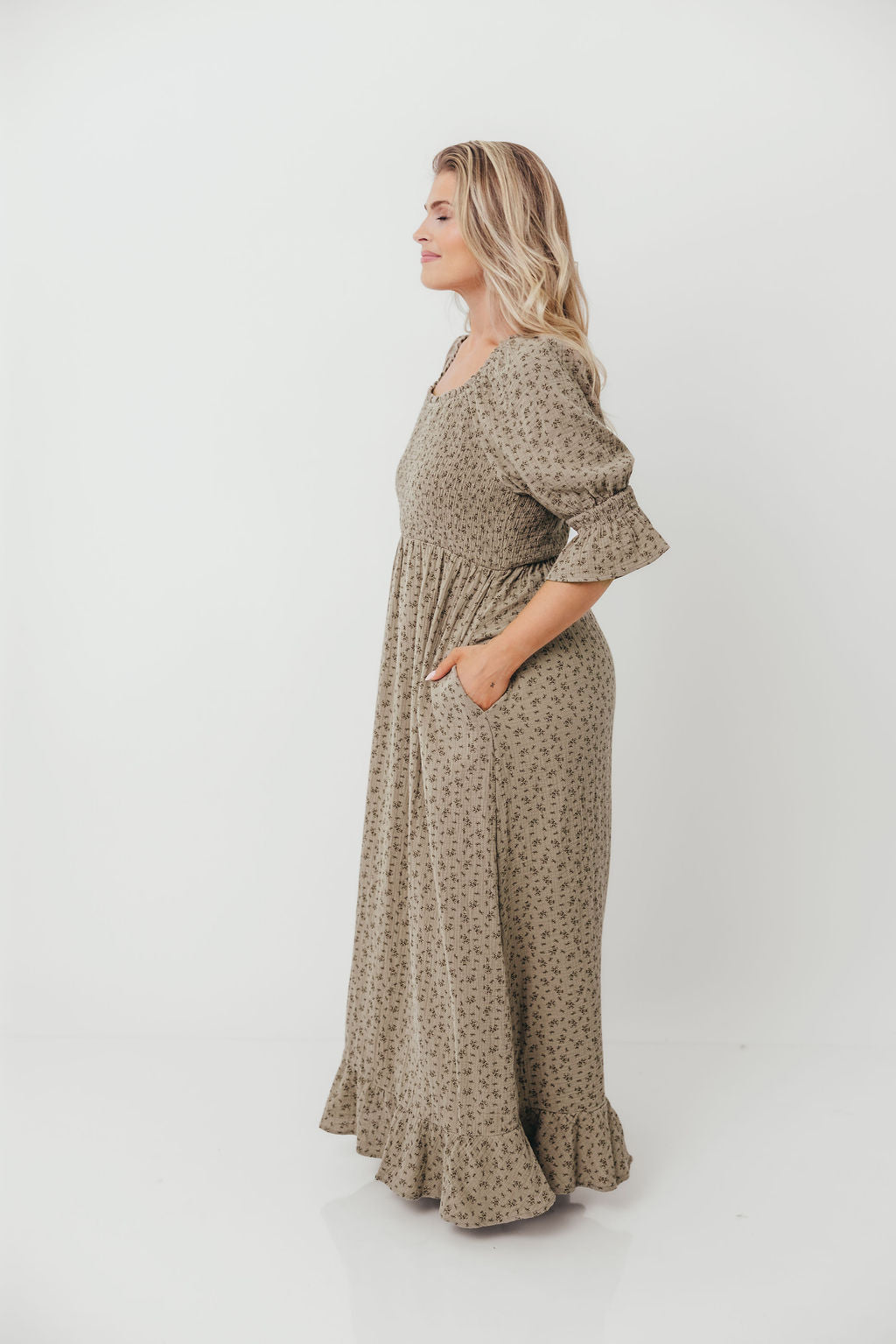 Sienna 100% Cotton Puff Sleeve Maxi Dress in Olive Foliage - Bump Friendly *9/26 PRE-ORDER*