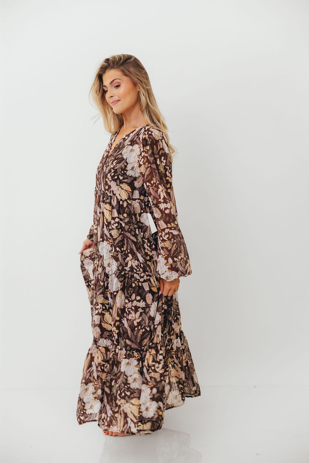 Eve Floral Print Button Front Duster Maxi With Detachable Slip in Brown Multi - Bump Friendly