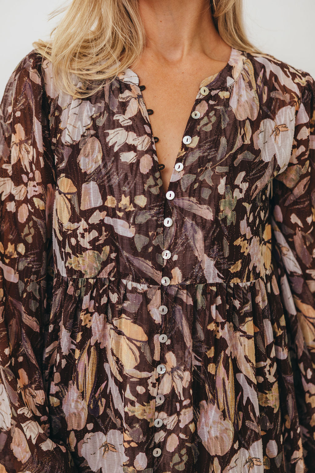 Eve Floral Print Button Front Duster Maxi With Detachable Slip in Brown Multi - Bump Friendly