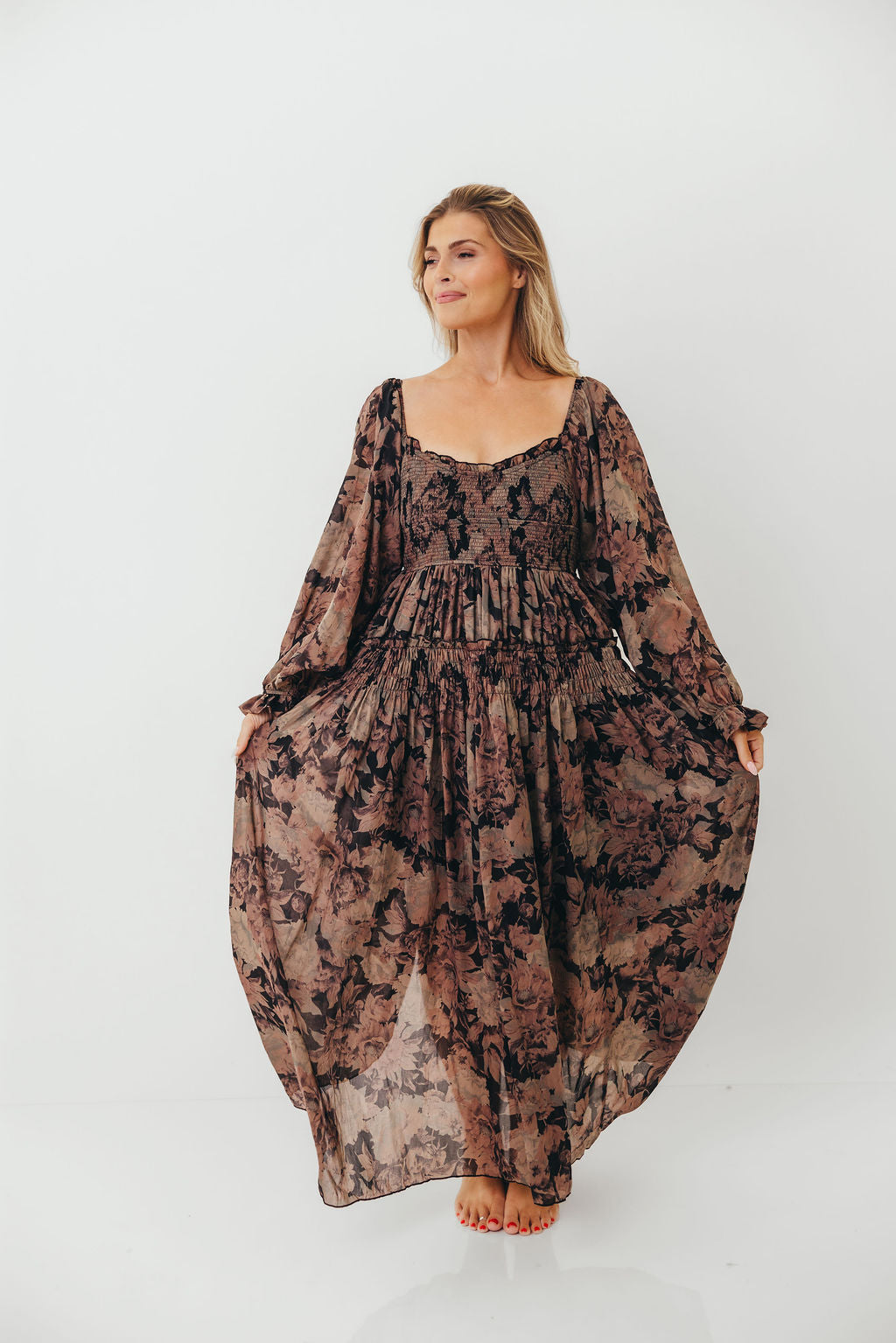 Blaine Smocked Maxi Dress in Black Floral