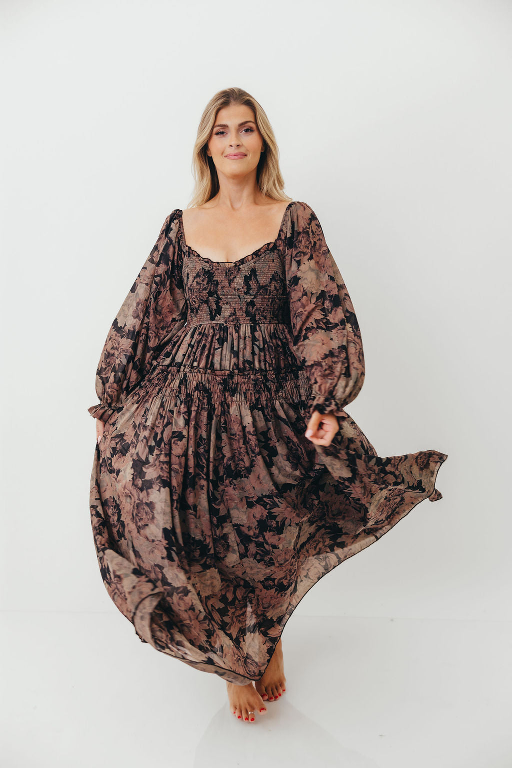 Blaine Smocked Maxi Dress in Black Floral