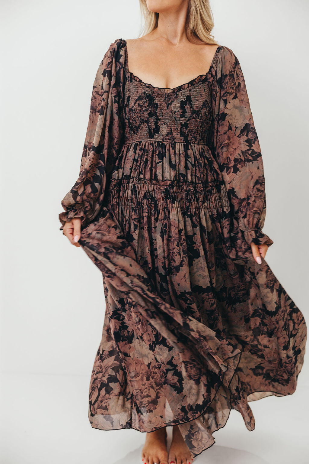 Blaine Smocked Maxi Dress in Black Floral