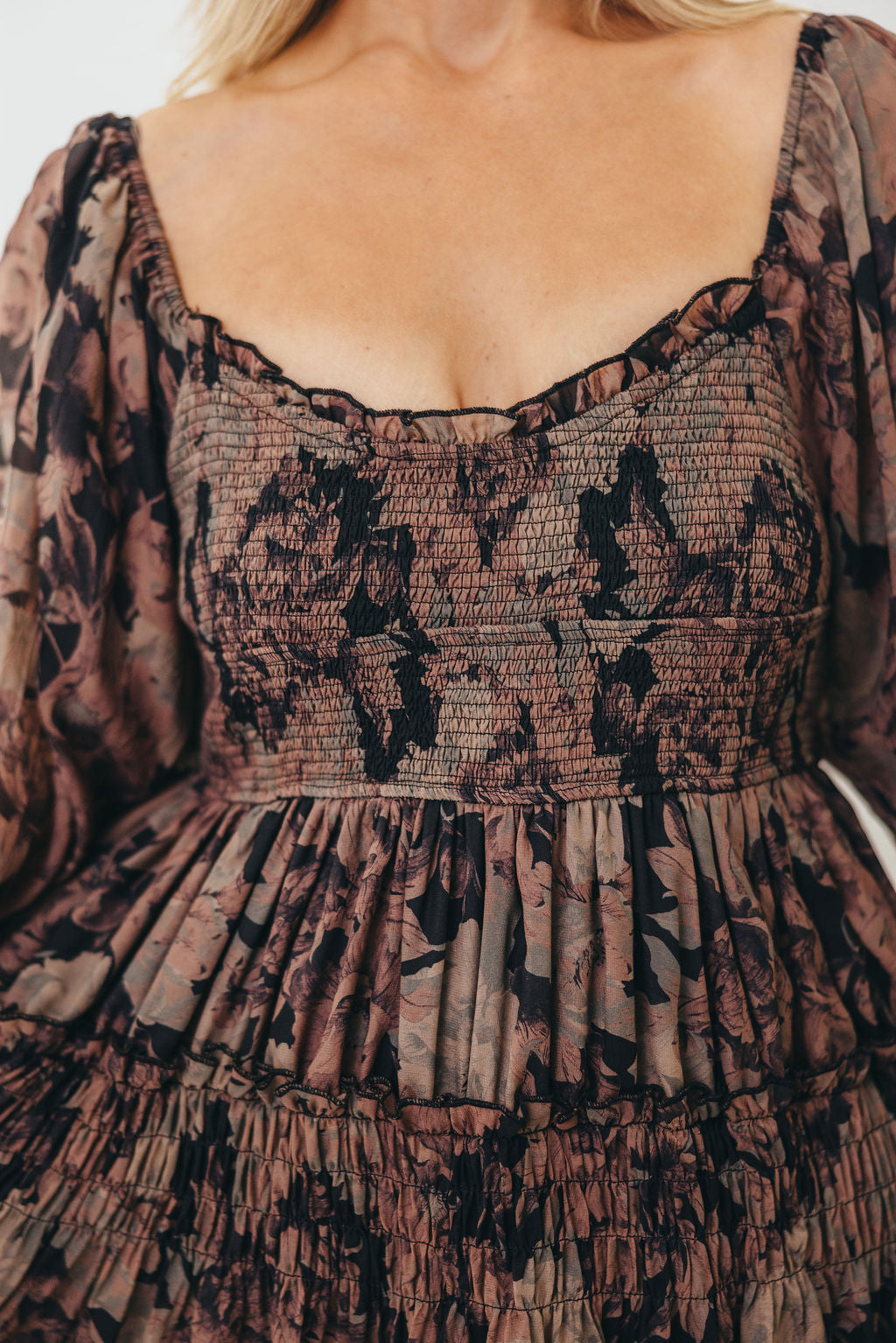 Blaine Smocked Maxi Dress in Black Floral