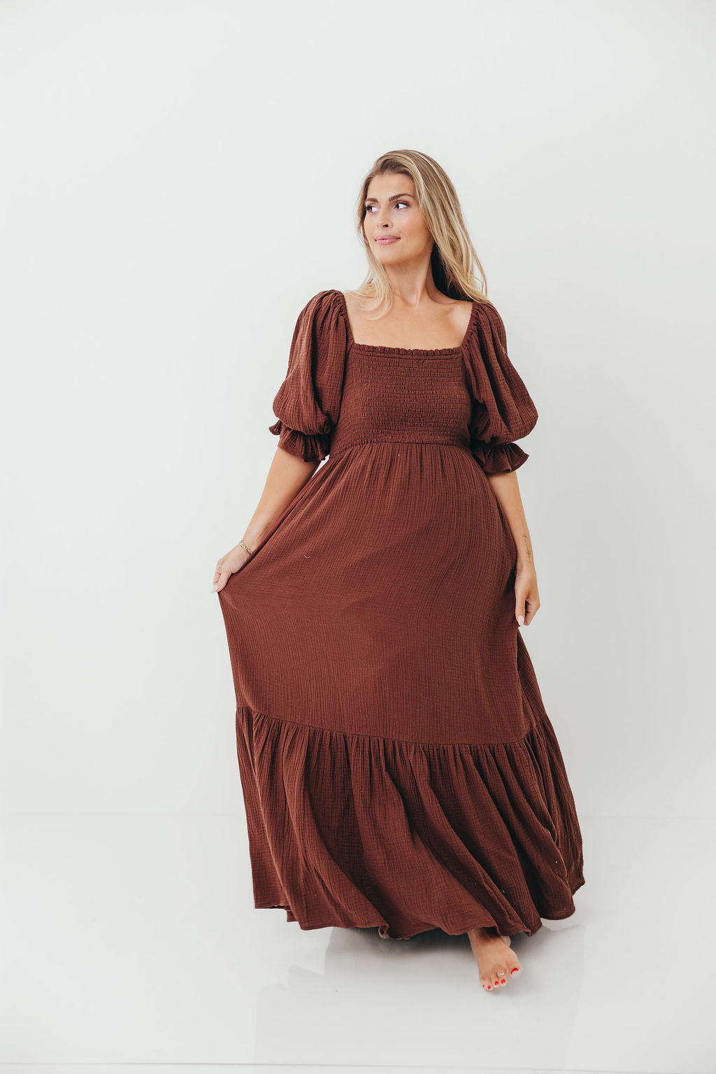 Livvy 100% Cotton Maxi Dress in Rust Brown - Bump Friendly