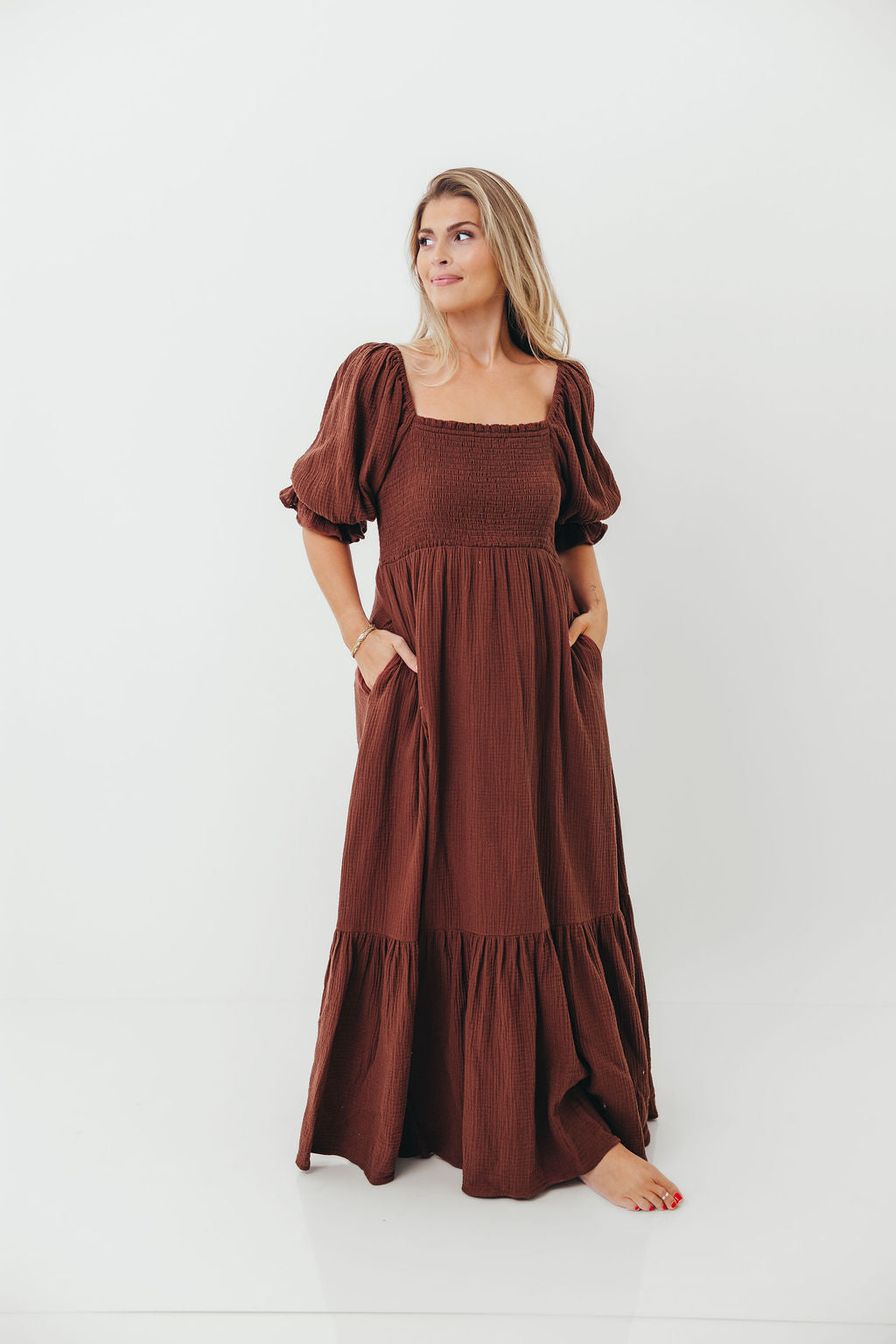 Livvy 100% Cotton Maxi Dress in Rust Brown - Bump Friendly