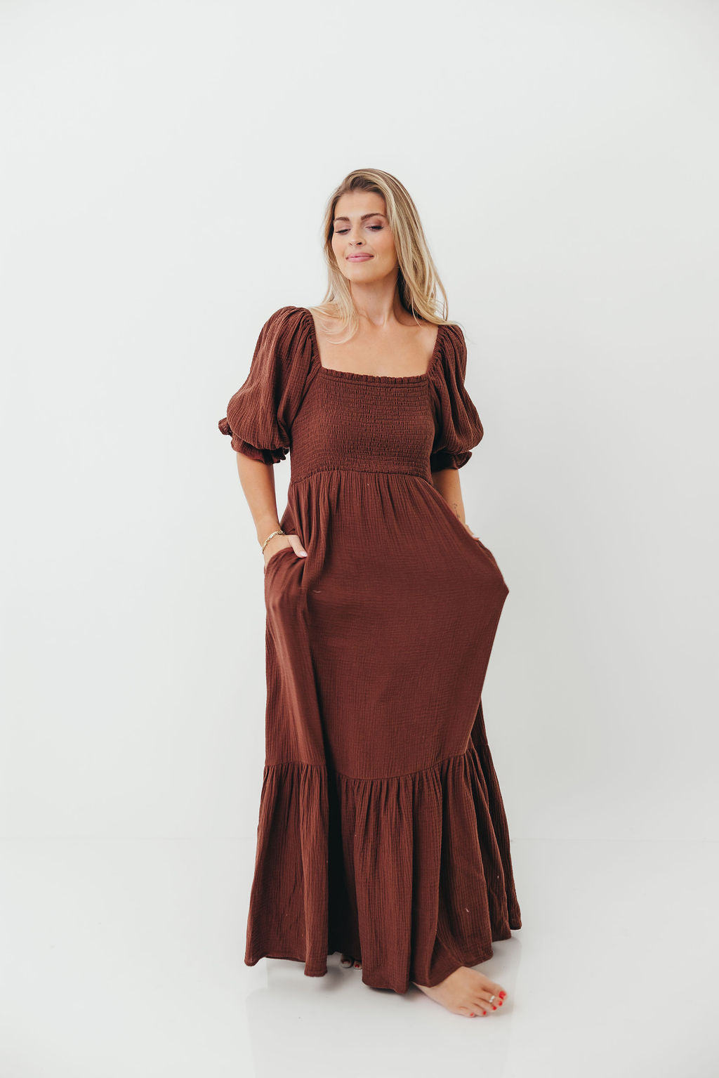 Livvy 100% Cotton Maxi Dress in Rust Brown - Bump Friendly