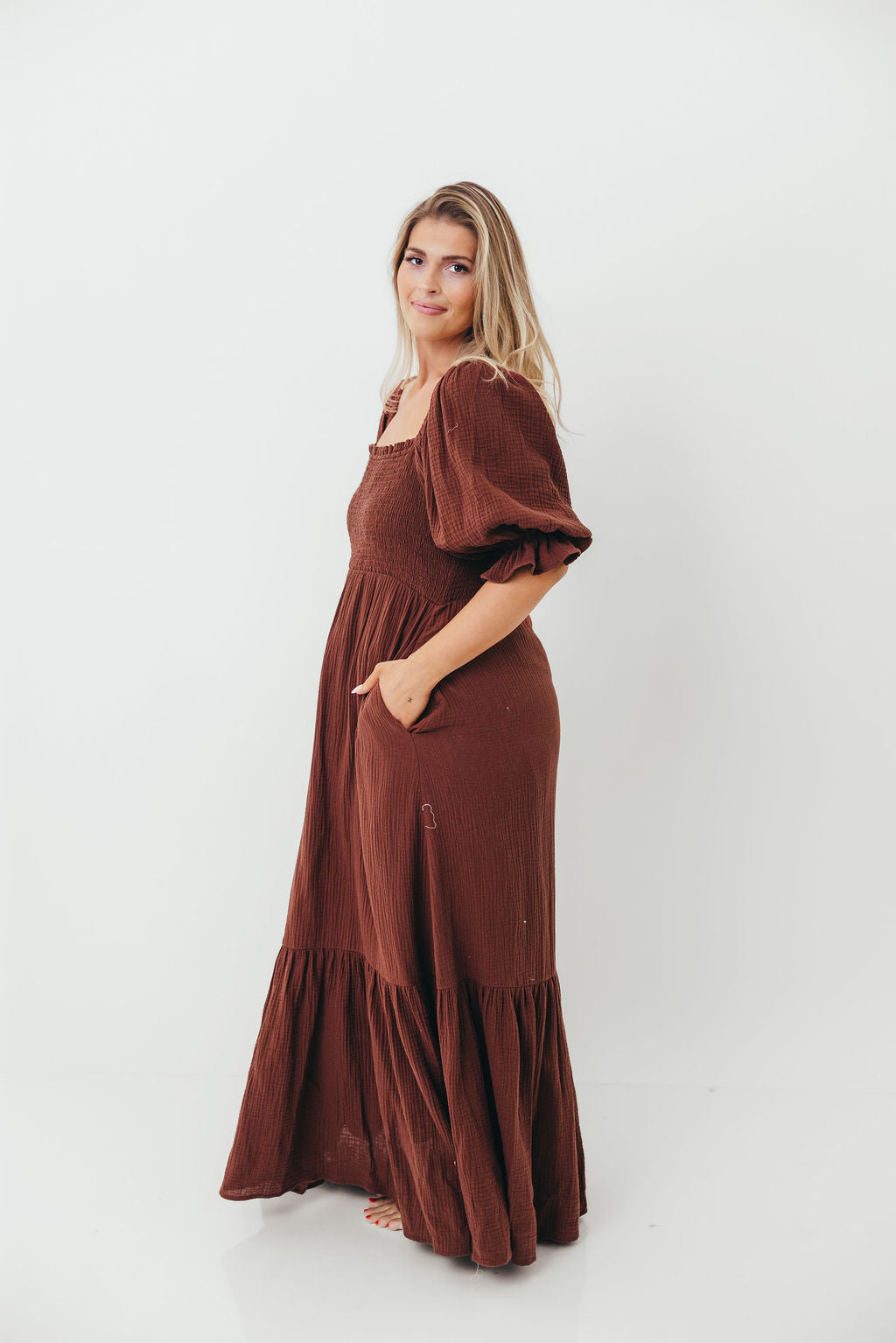 Livvy 100% Cotton Maxi Dress in Rust Brown - Bump Friendly