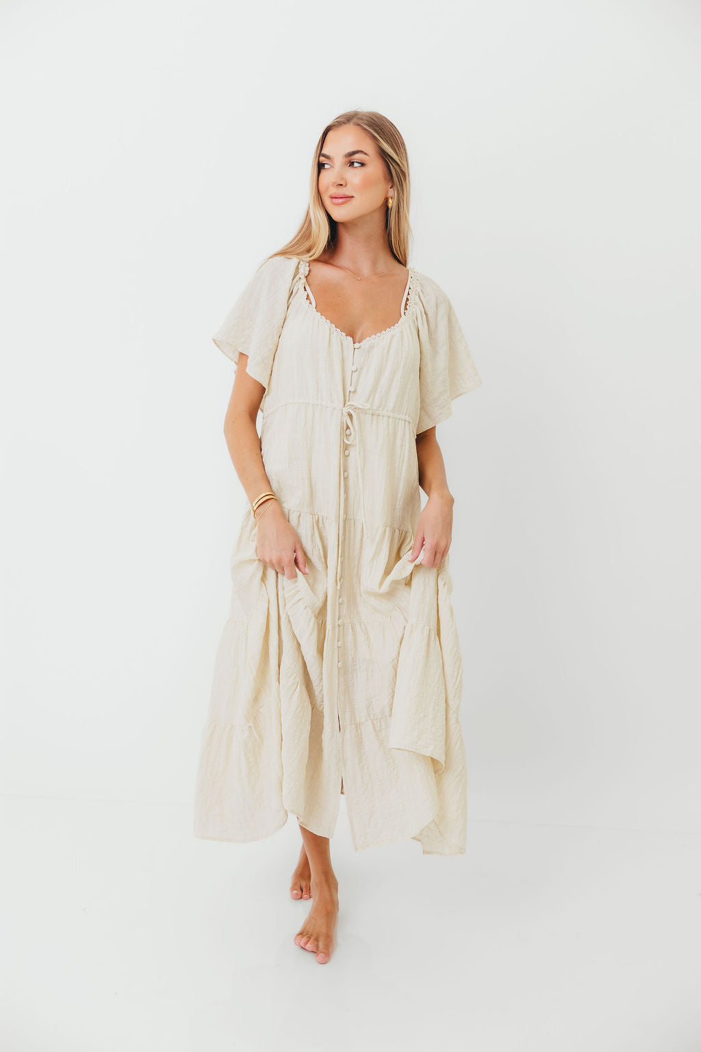 Rumi Woven Sweetheart Maxi Dress in Natural - Bump Friendly - Detachable Liner