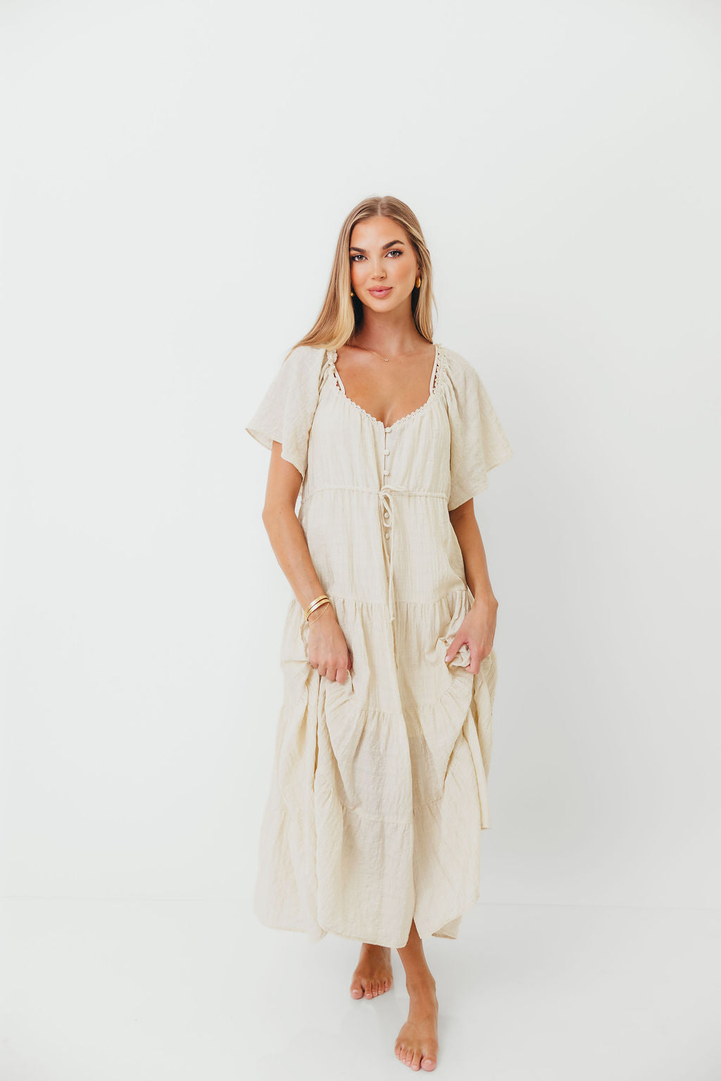 Rumi Woven Sweetheart Maxi Dress in Natural - Bump Friendly - Detachable Liner