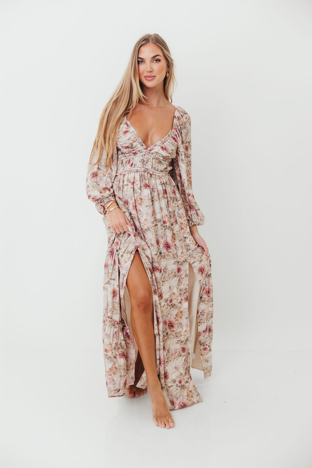 Daphne Long Sleeve Maxi Dress in Pink/Beige Multi Floral - Bump Friendly *9/30 PRE-ORDER*