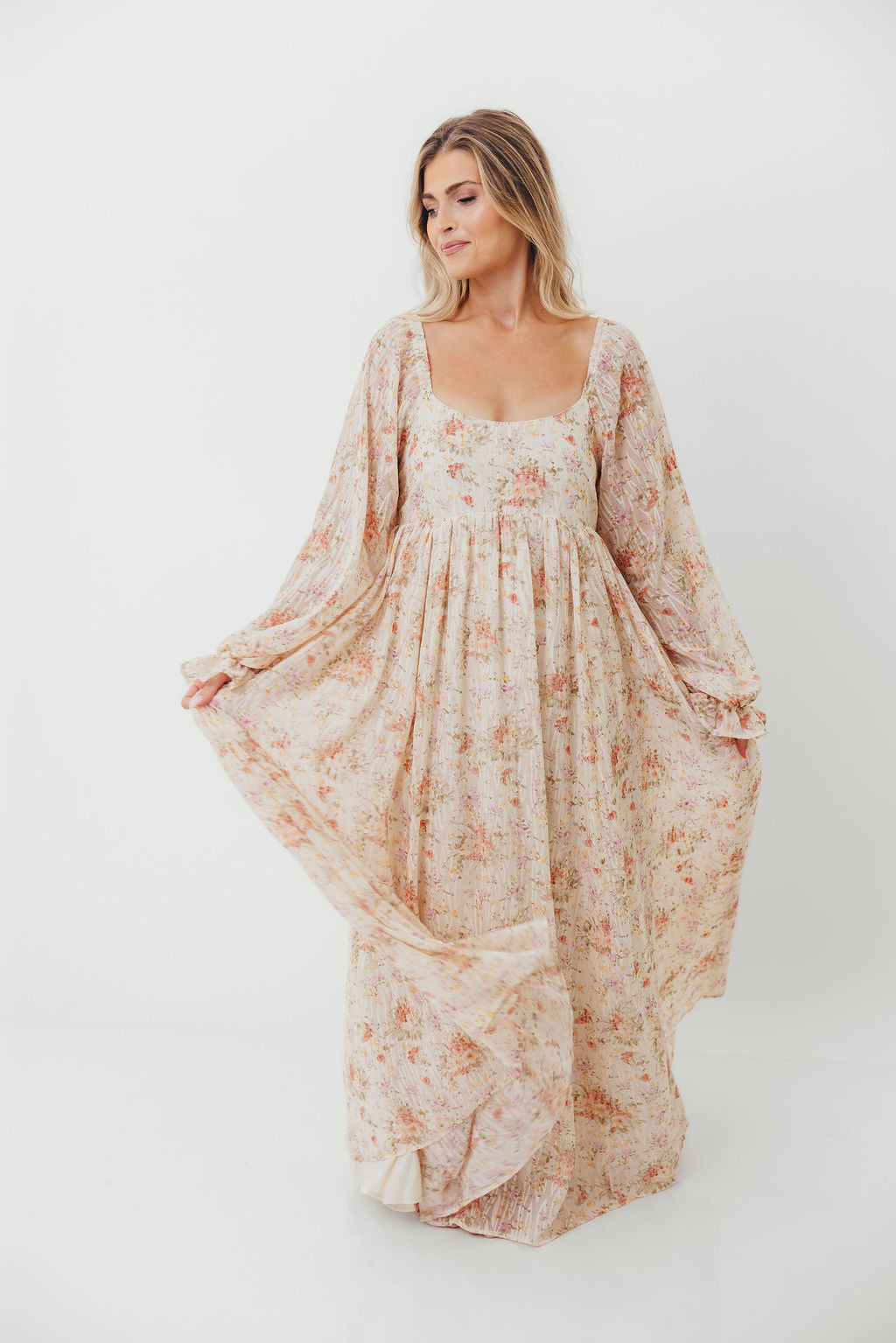Rosey Woven Floral Print Empire Maxi Dress in Cream Multi - Bump Friendly