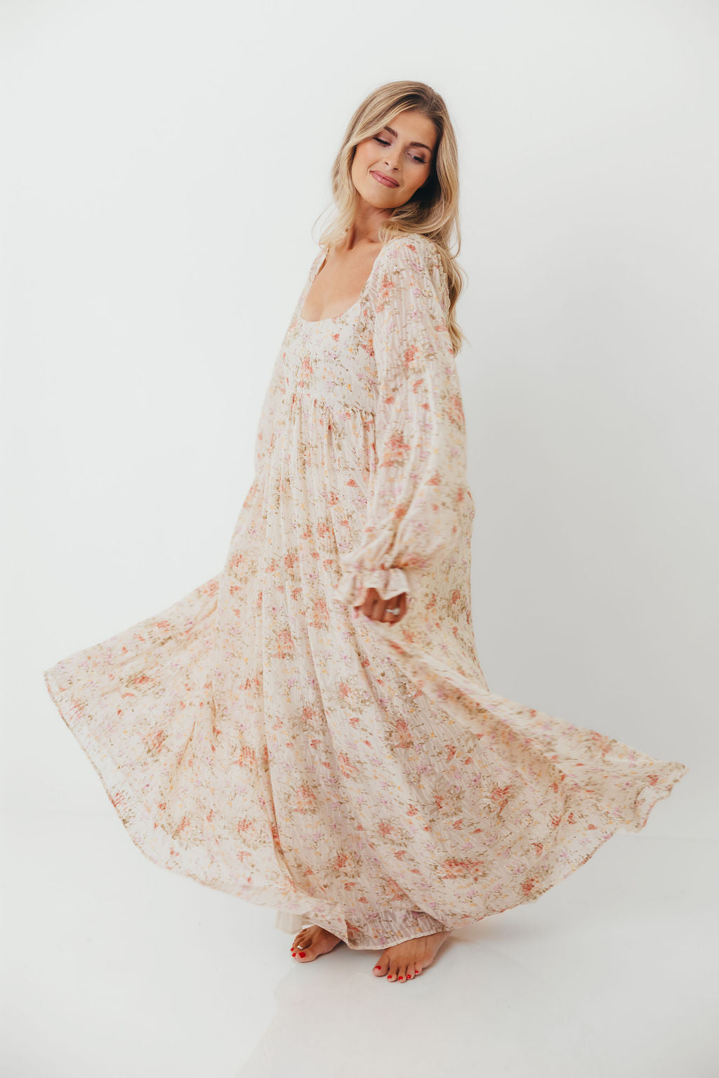 Rosey Woven Floral Print Empire Maxi Dress in Cream Multi - Bump Friendly