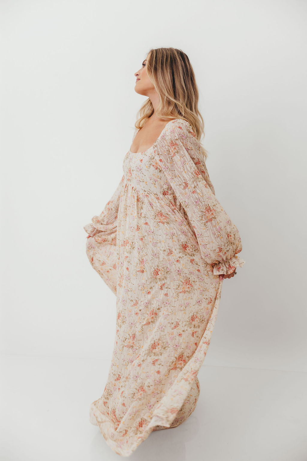 Rosey Woven Floral Print Empire Maxi Dress in Cream Multi - Bump Friendly