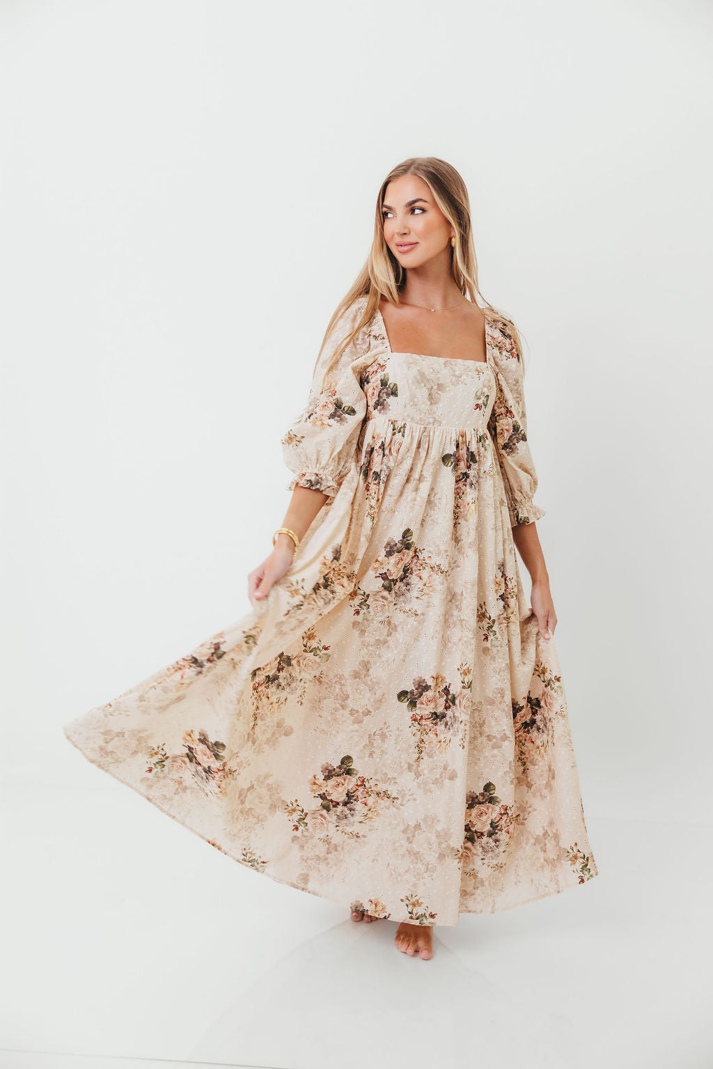 Mona Maxi Dress with Smocking in Cream/Beige Floral - Bump Friendly *9/30 PRE-ORDER*