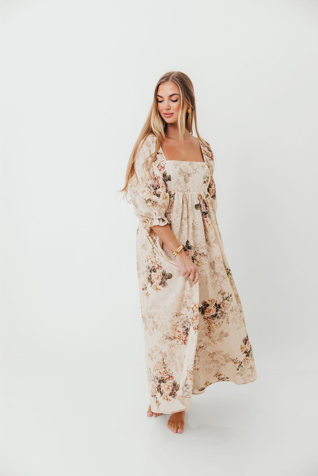 Mona Maxi Dress with Smocking in Cream/Beige Floral - Bump Friendly *9/30 PRE-ORDER*
