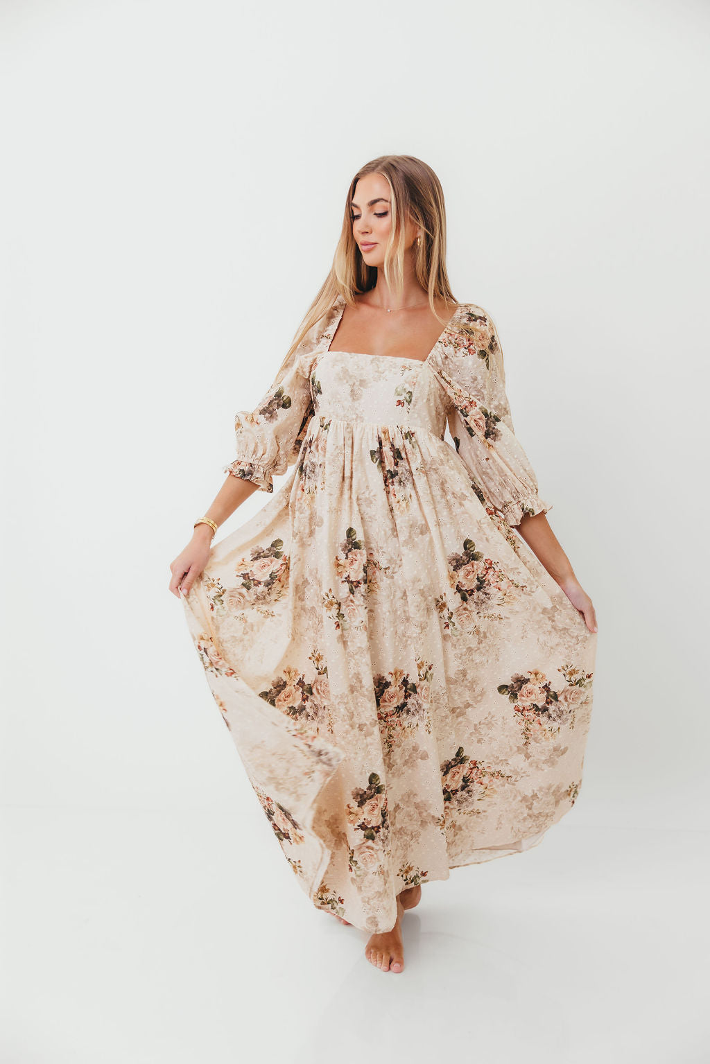 Mona Maxi Dress with Smocking in Cream/Beige Floral - Bump Friendly *9/30 PRE-ORDER*