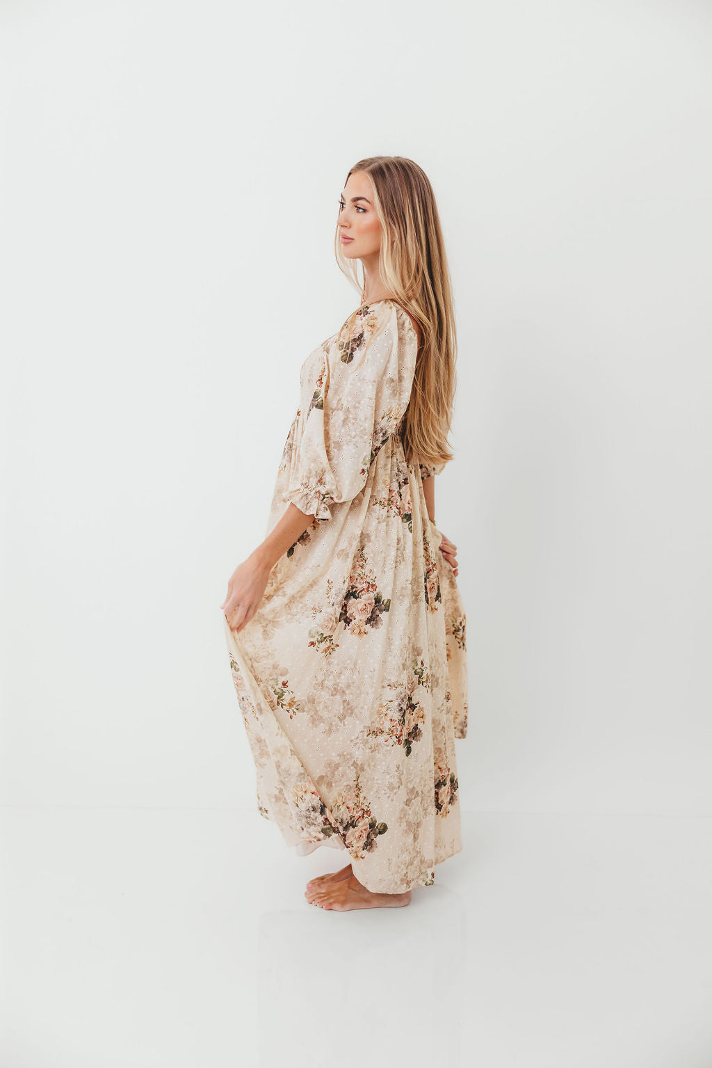 Mona Maxi Dress with Smocking in Cream/Beige Floral - Bump Friendly *9/30 PRE-ORDER*