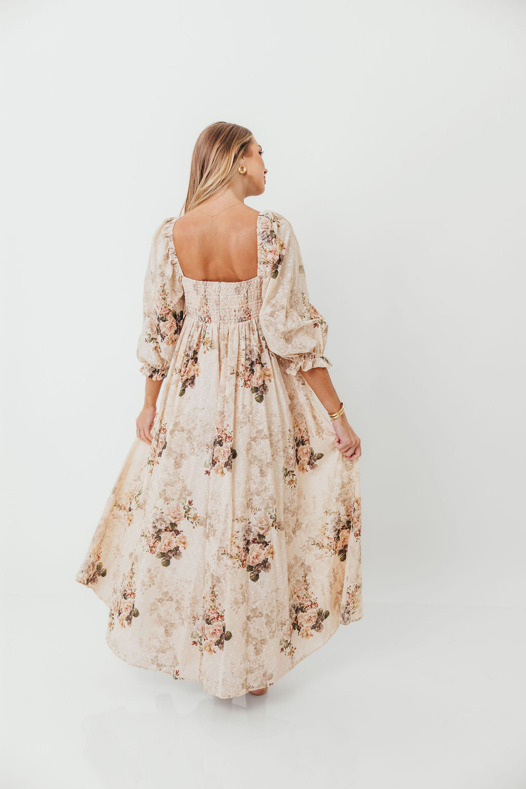 Mona Maxi Dress with Smocking in Cream/Beige Floral - Bump Friendly *9/30 PRE-ORDER*