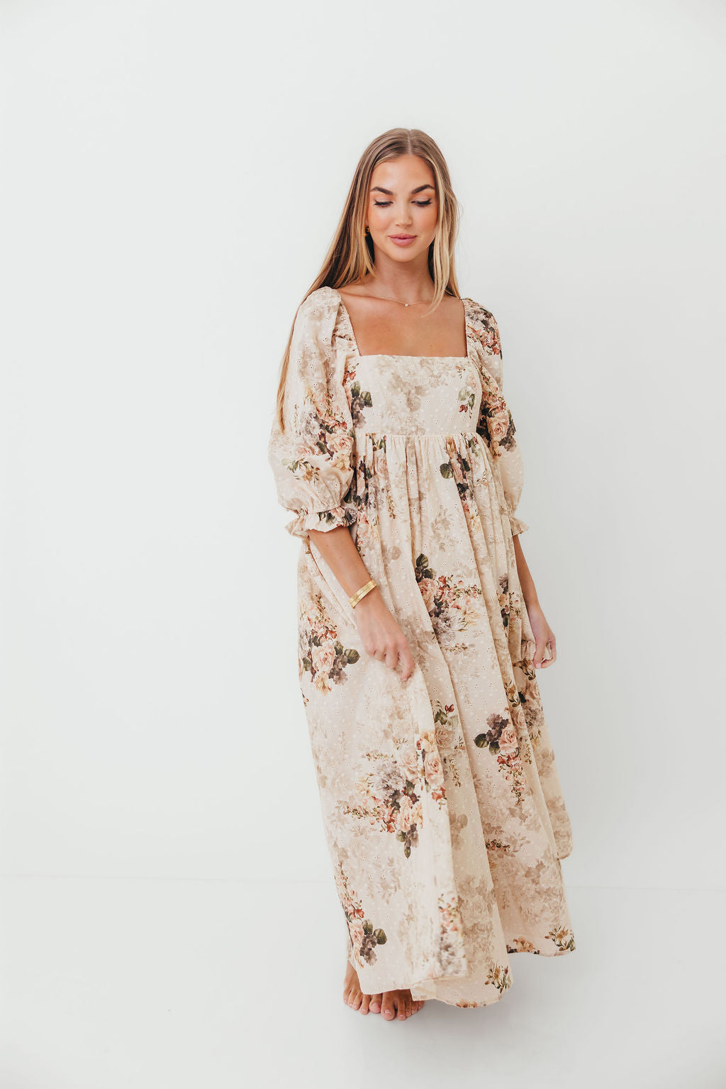 Mona Maxi Dress with Smocking in Cream/Beige Floral - Bump Friendly *9/30 PRE-ORDER*