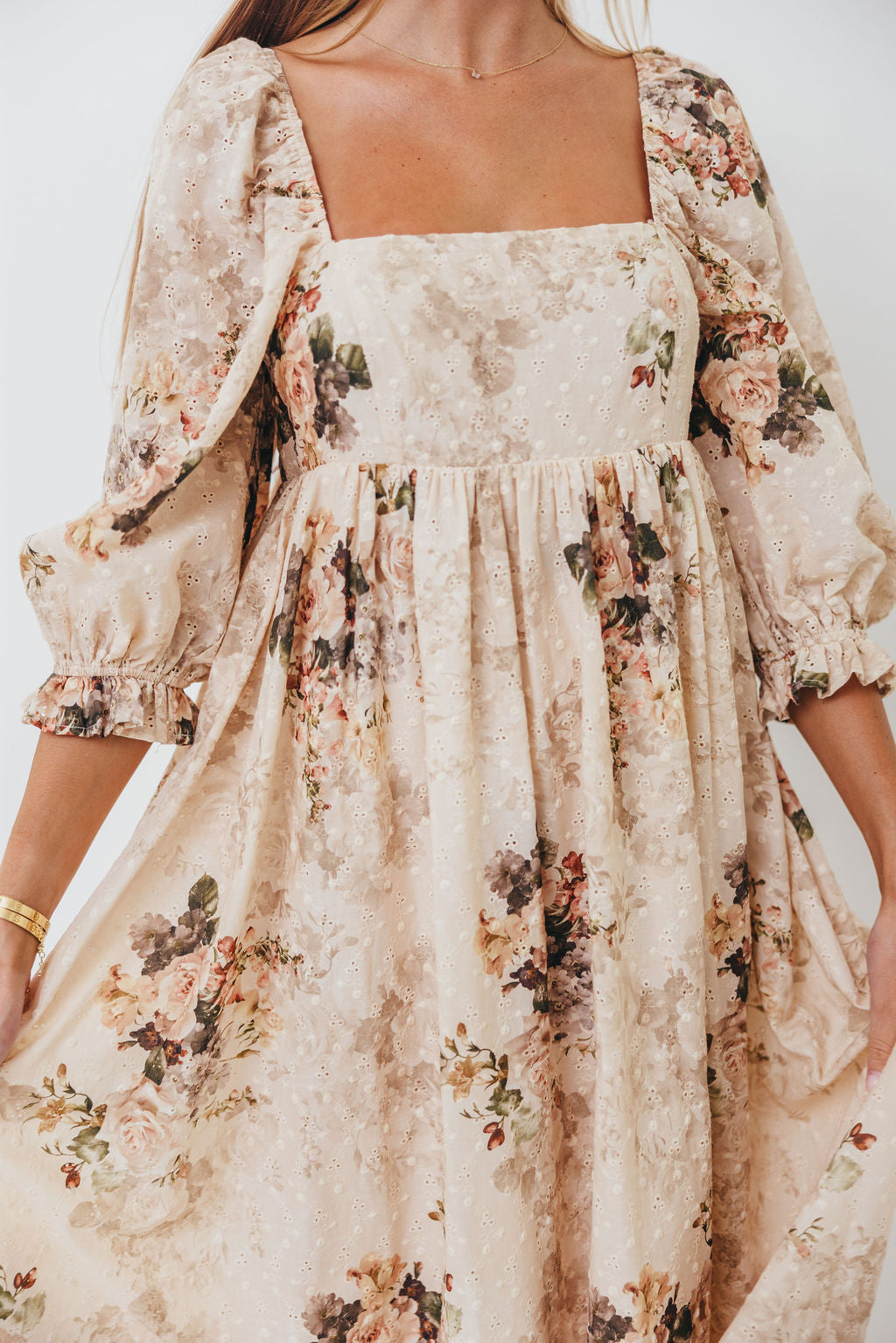 Mona Maxi Dress with Smocking in Cream/Beige Floral - Bump Friendly *9/30 PRE-ORDER*