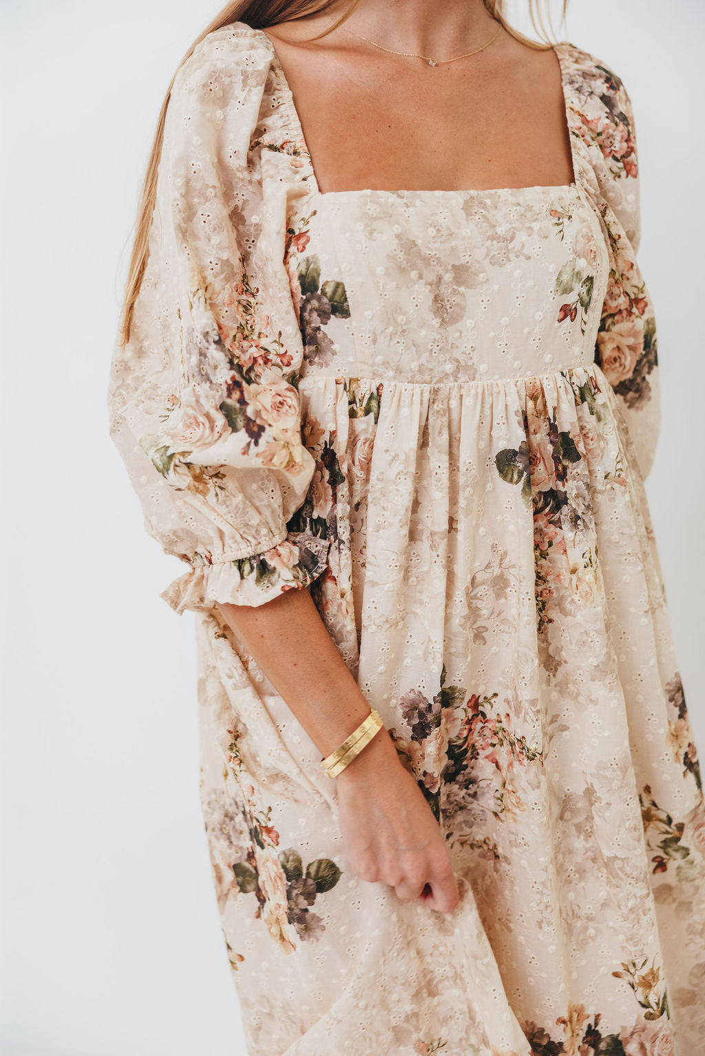 Mona Maxi Dress with Smocking in Cream/Beige Floral - Bump Friendly *9/30 PRE-ORDER*