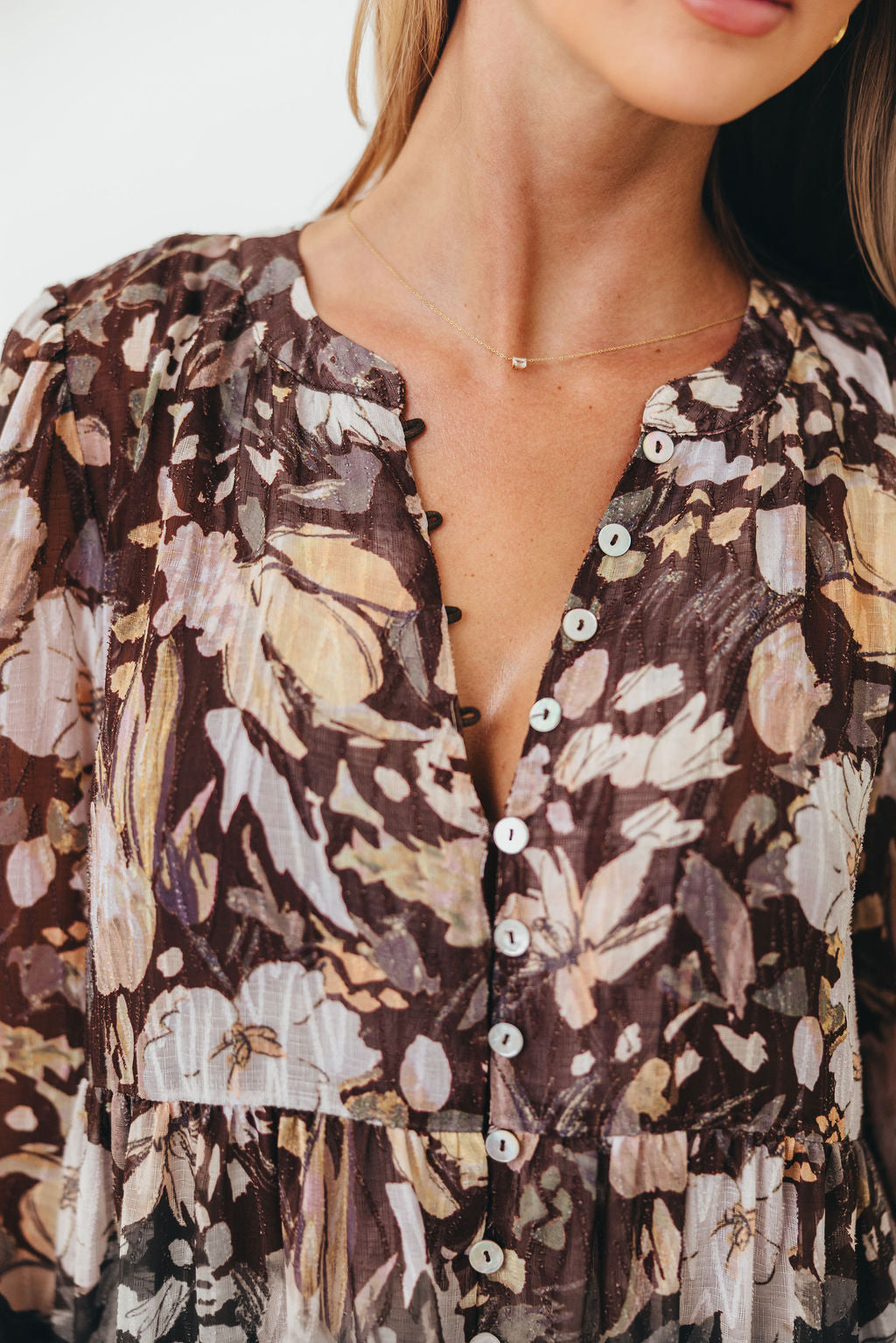 Eve Floral Print Button Front Duster Maxi With Detachable Slip in Brown Multi - Bump Friendly