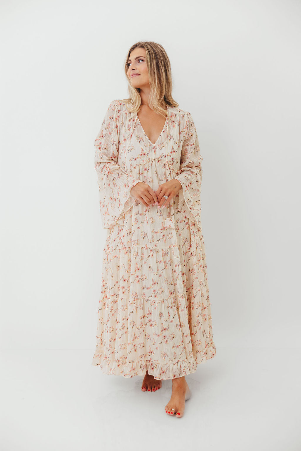Lisa Woven Floral V-Neck Maxi Dress with Detachable Liner in Cream Multi - Bump Friendly