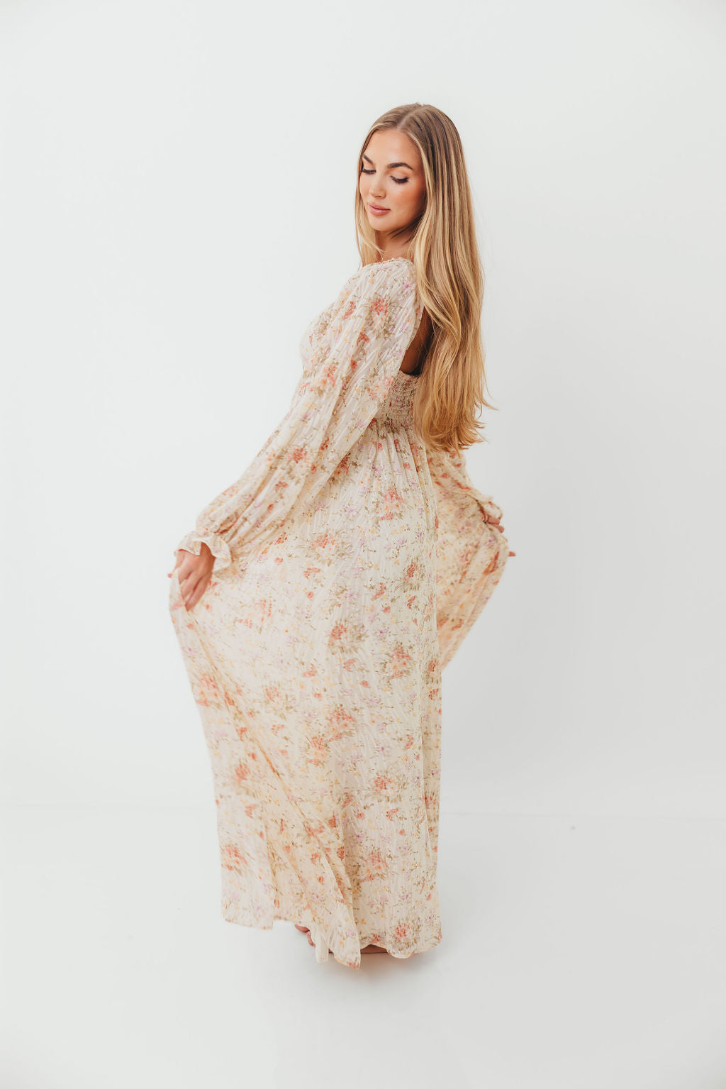Rosey Woven Floral Print Empire Maxi Dress in Cream Multi - Bump Friendly
