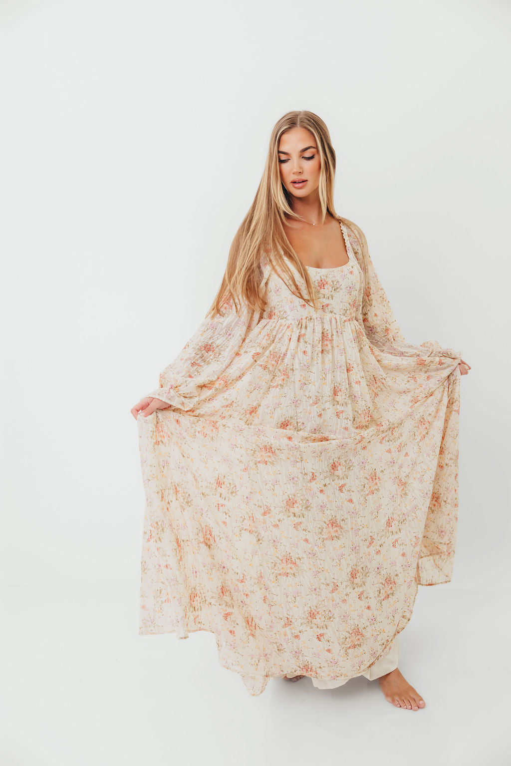 Rosey Woven Floral Print Empire Maxi Dress in Cream Multi - Bump Friendly