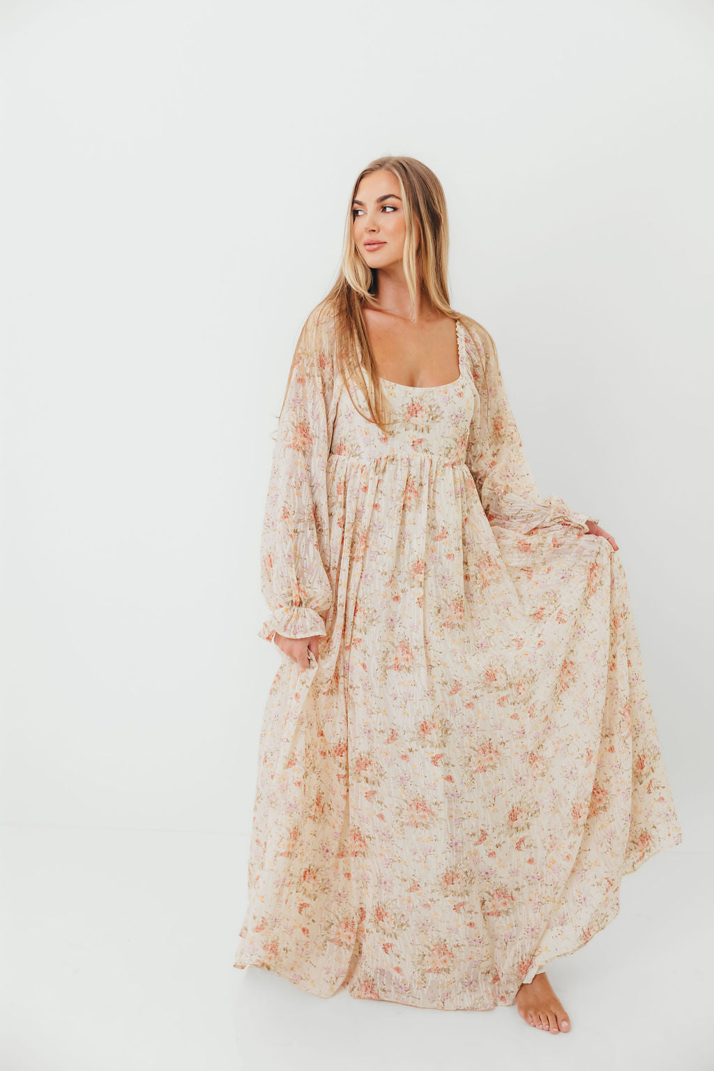 Rosey Woven Floral Print Empire Maxi Dress in Cream Multi - Bump Friendly