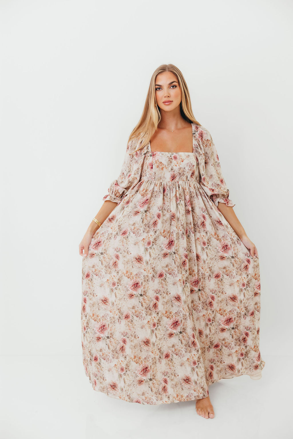 Mona Maxi Dress with Smocking in Pink/Beige Multi Floral - Bump Friendly *9/30 PRE-ORDER*