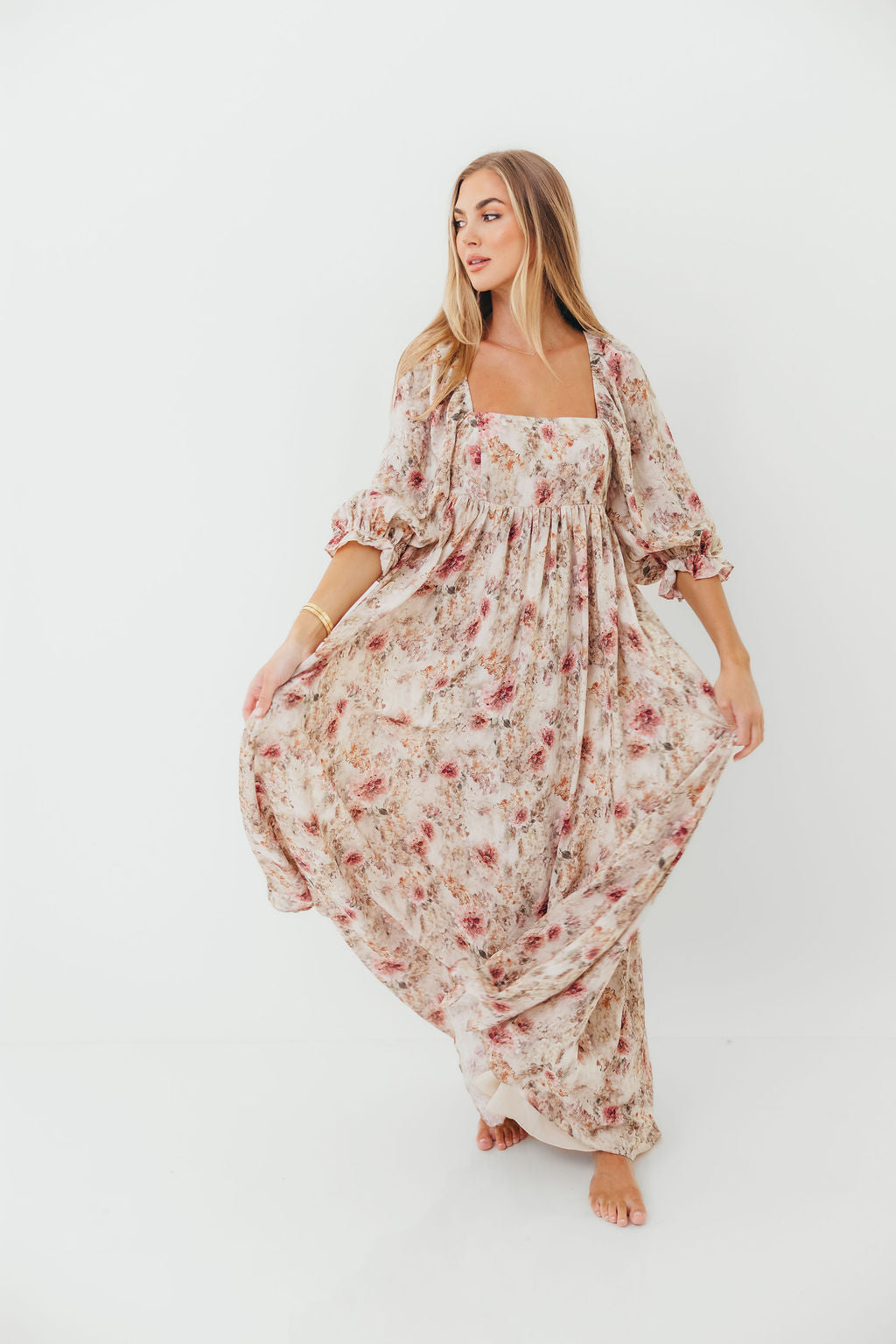 Mona Maxi Dress with Smocking in Pink/Beige Multi Floral - Bump Friendly *9/30 PRE-ORDER*