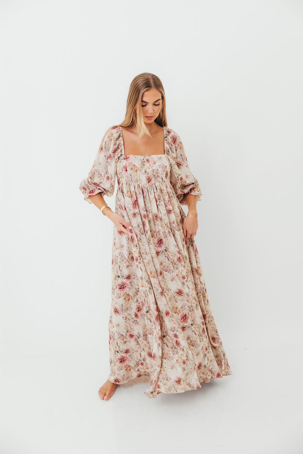 Mona Maxi Dress with Smocking in Pink/Beige Multi Floral - Bump Friendly *9/30 PRE-ORDER*
