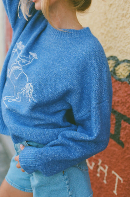 Virginia Embroidered Cowboy Knit Sweater in Royal