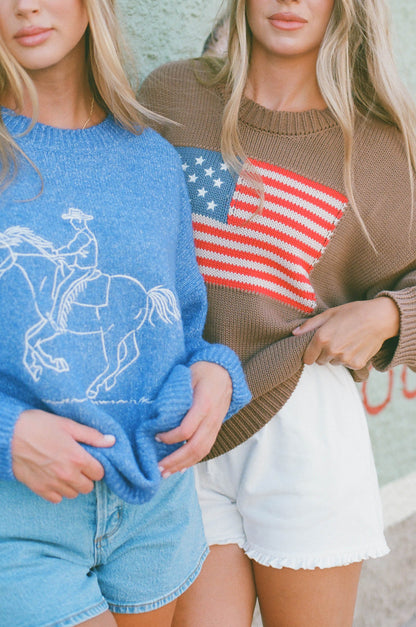 Virginia Embroidered Cowboy Knit Sweater in Royal