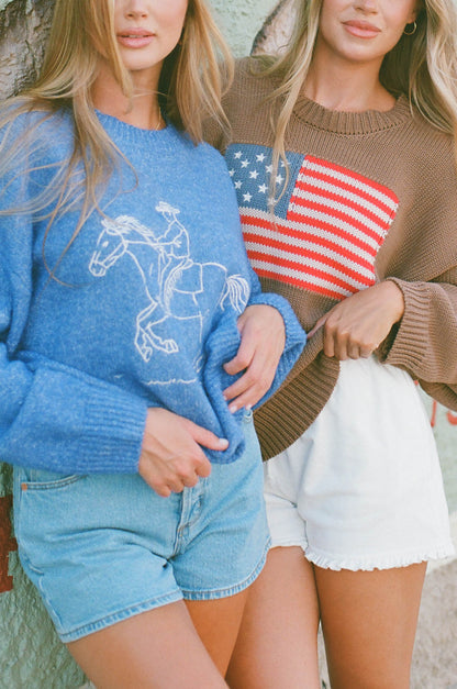 Virginia Embroidered Cowboy Knit Sweater in Royal