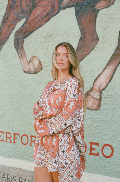 Jada Western Bandana Button-up Top in Burnt Orange