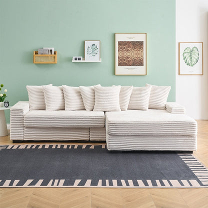 111.4  L-Shaped Corduroy Sofa with 8 Throw Pillows and Footstool