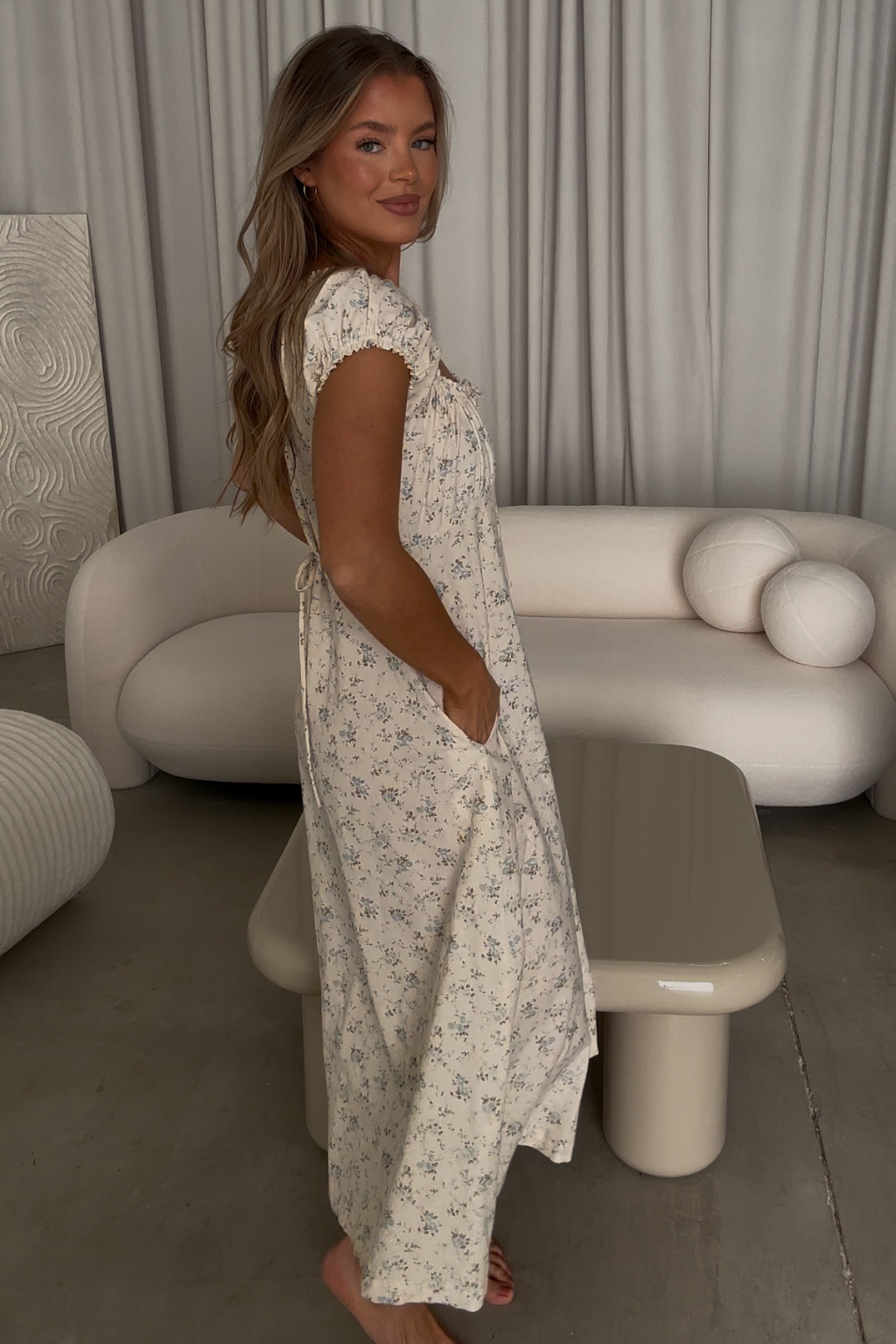 Marley 100% Cotton Midi Dress in Ivory/Blue Floral -Bump Friendly