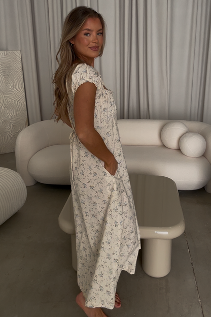 Marley 100% Cotton Midi Dress in Ivory/Blue Floral -Bump Friendly