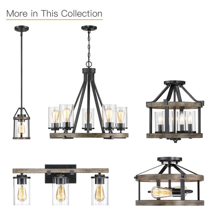 12.5 in. 4-Light Natural Iron and Distressed Faux Wood Modern Farmhouse Semi-Flush Mount Ceiling Light - 12.5W