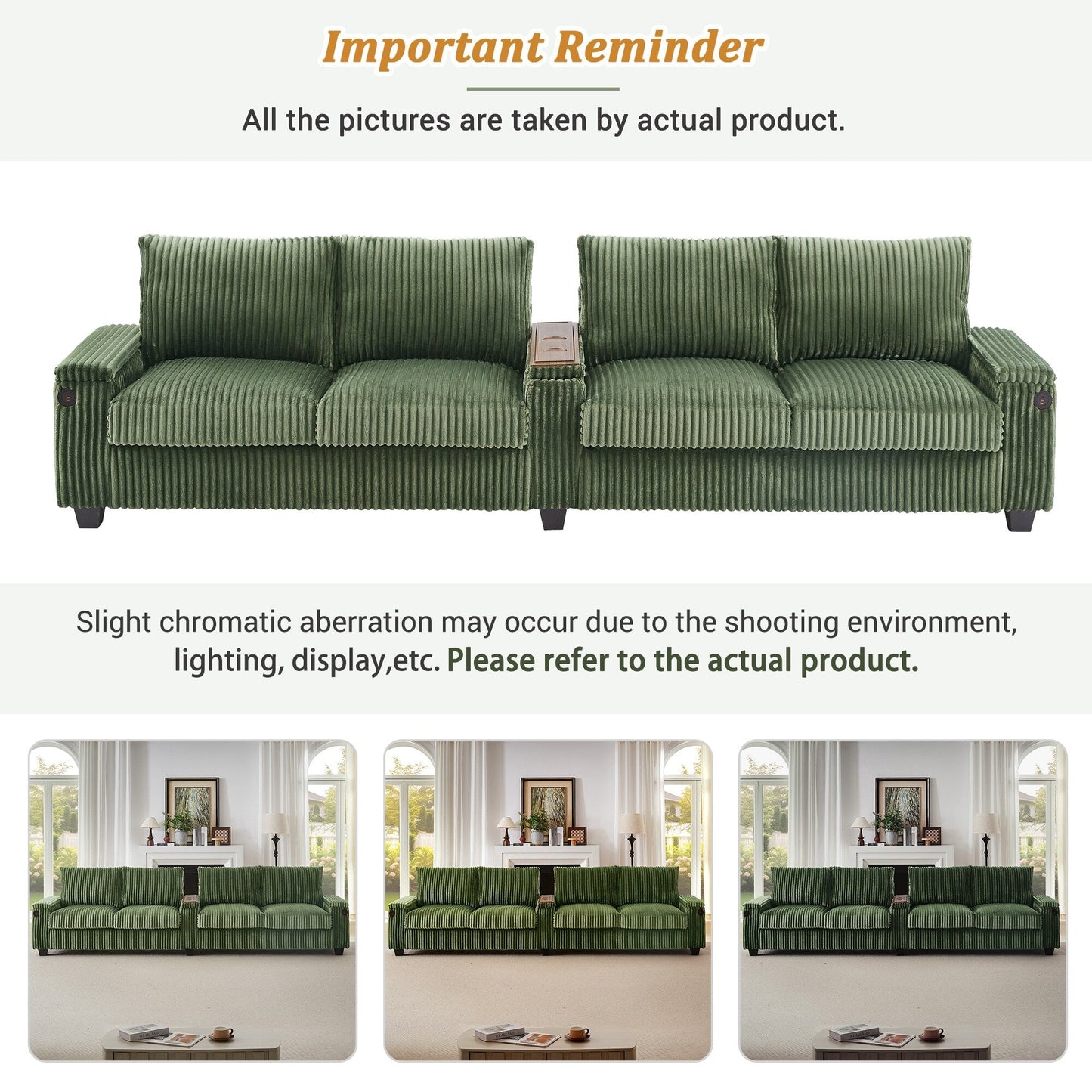 133 4-Seater Corduroy Sofa - Modern Storage Couch with USB Ports, Flip-Top Cup Holders