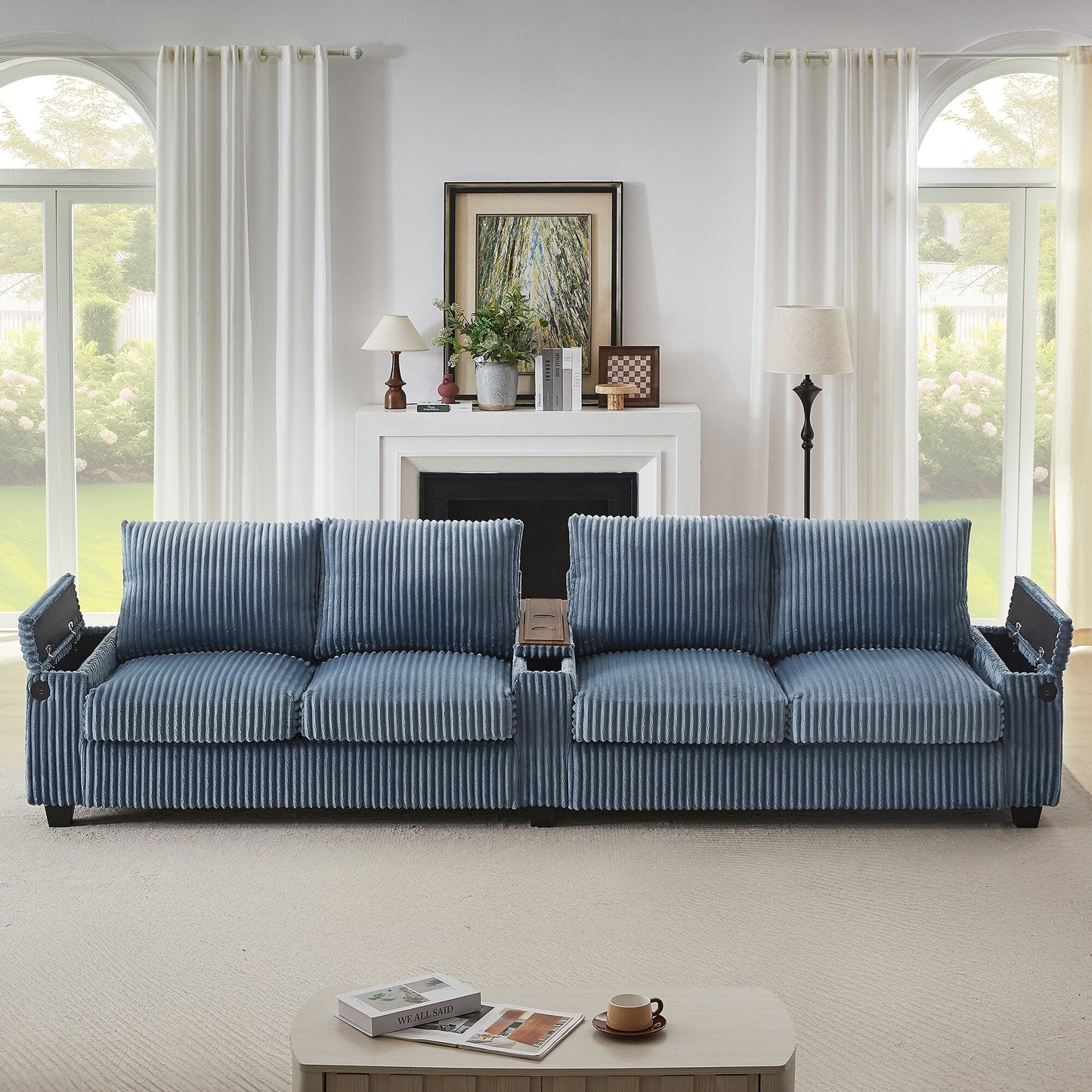 133 4-Seater Corduroy Sofa - Modern Storage Couch with USB Ports, Flip-Top Cup Holders