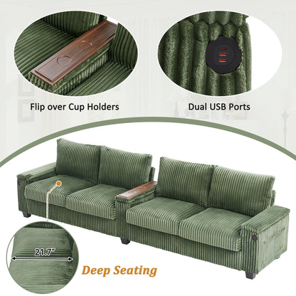 133 4-Seater Corduroy Sofa - Modern Storage Couch with USB Ports, Flip-Top Cup Holders